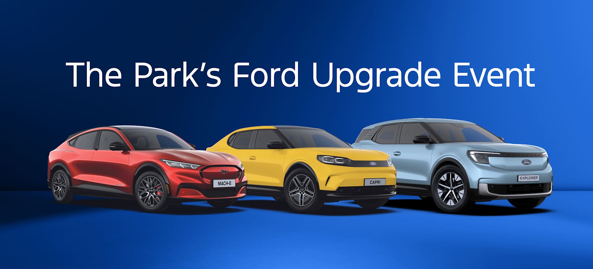 Three Ford vehicles displayed against a blue background, promoting an upgrade event from 17th to 30th November.