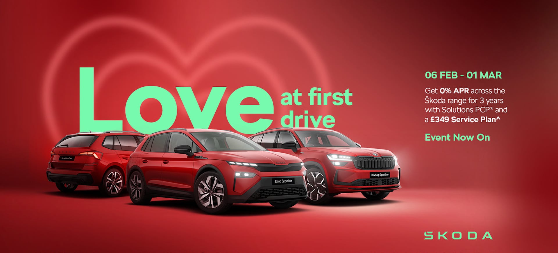 Three red cars displayed against a red background with heart shapes, promoting a driving event.