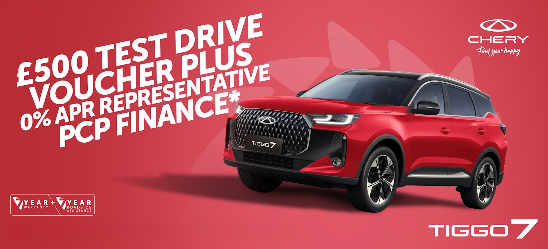 Red Chery Tiggo 7 SUV displayed against a vibrant red background with promotional text.