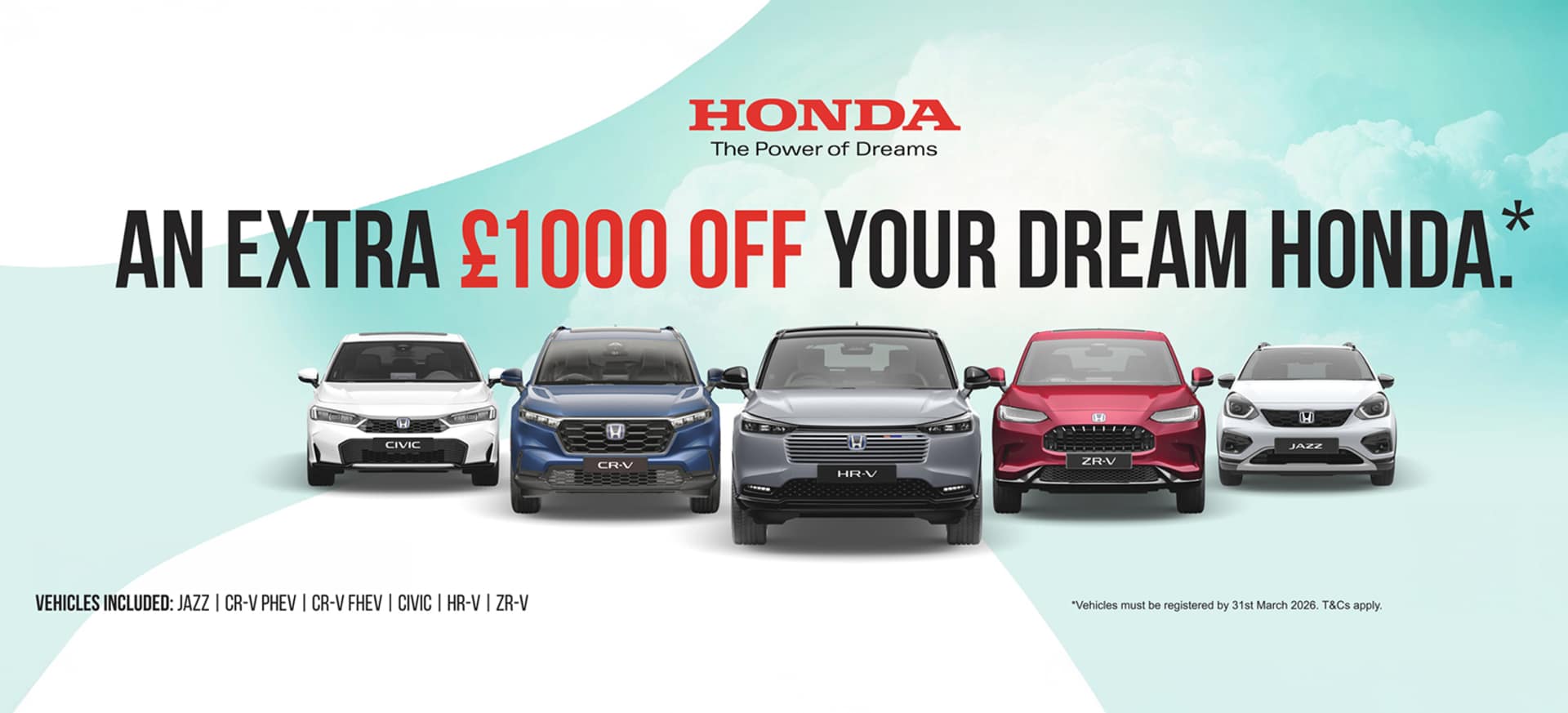 Five Honda vehicles lined up, promoting an offer of £1000 off