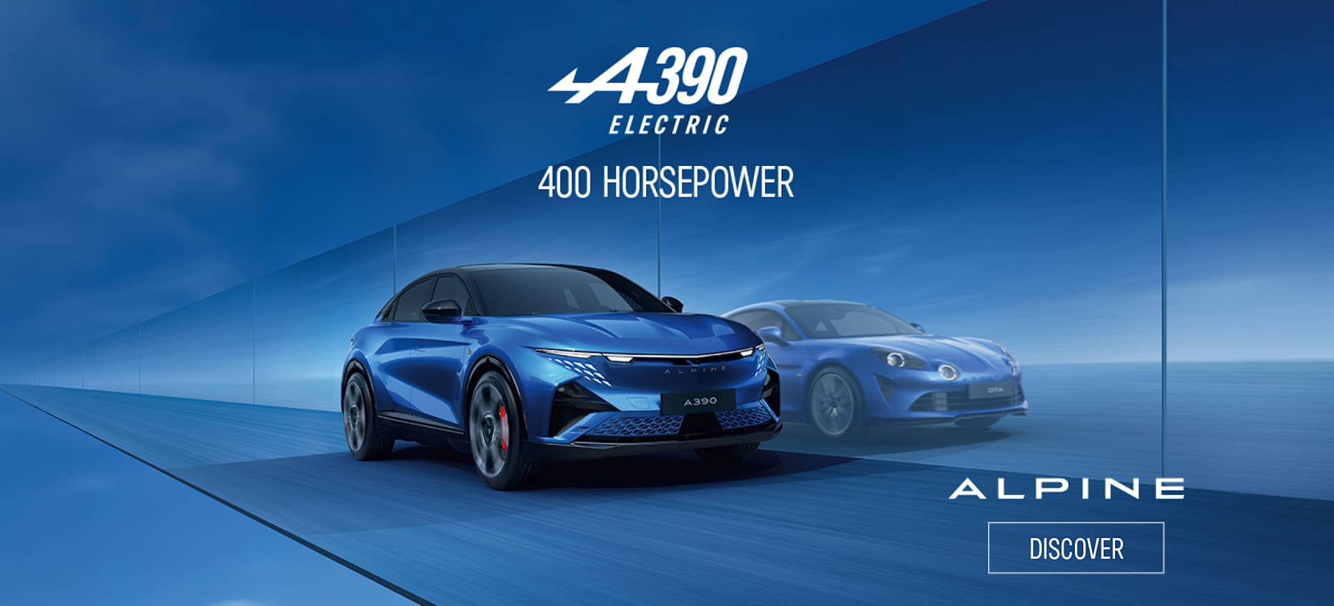 A blue Alpine A390 electric car with 400 horsepower, set against a sleek blue background.