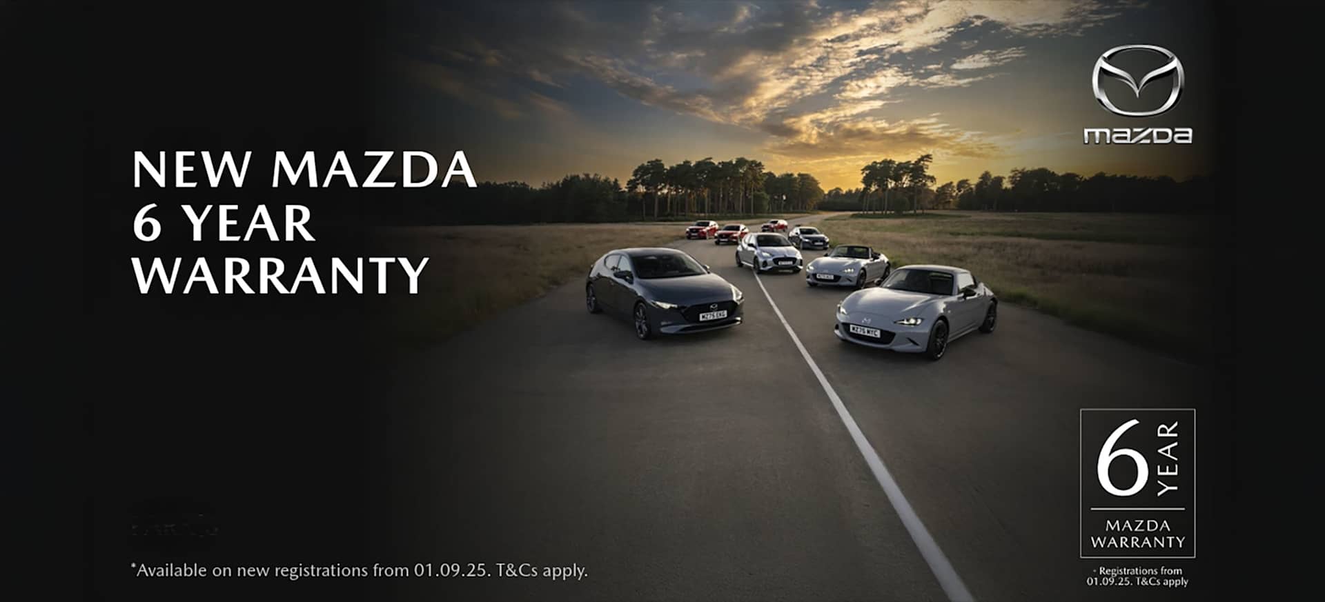 A line of various Mazda cars parked on a road with a sunset backdrop, promoting a 6-year warranty.