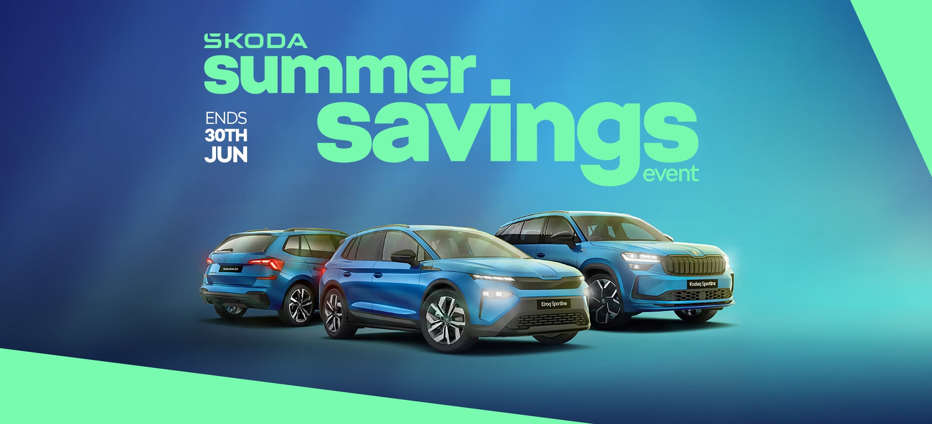 Three blue Skoda cars displayed against a gradient background, promoting a summer savings event.