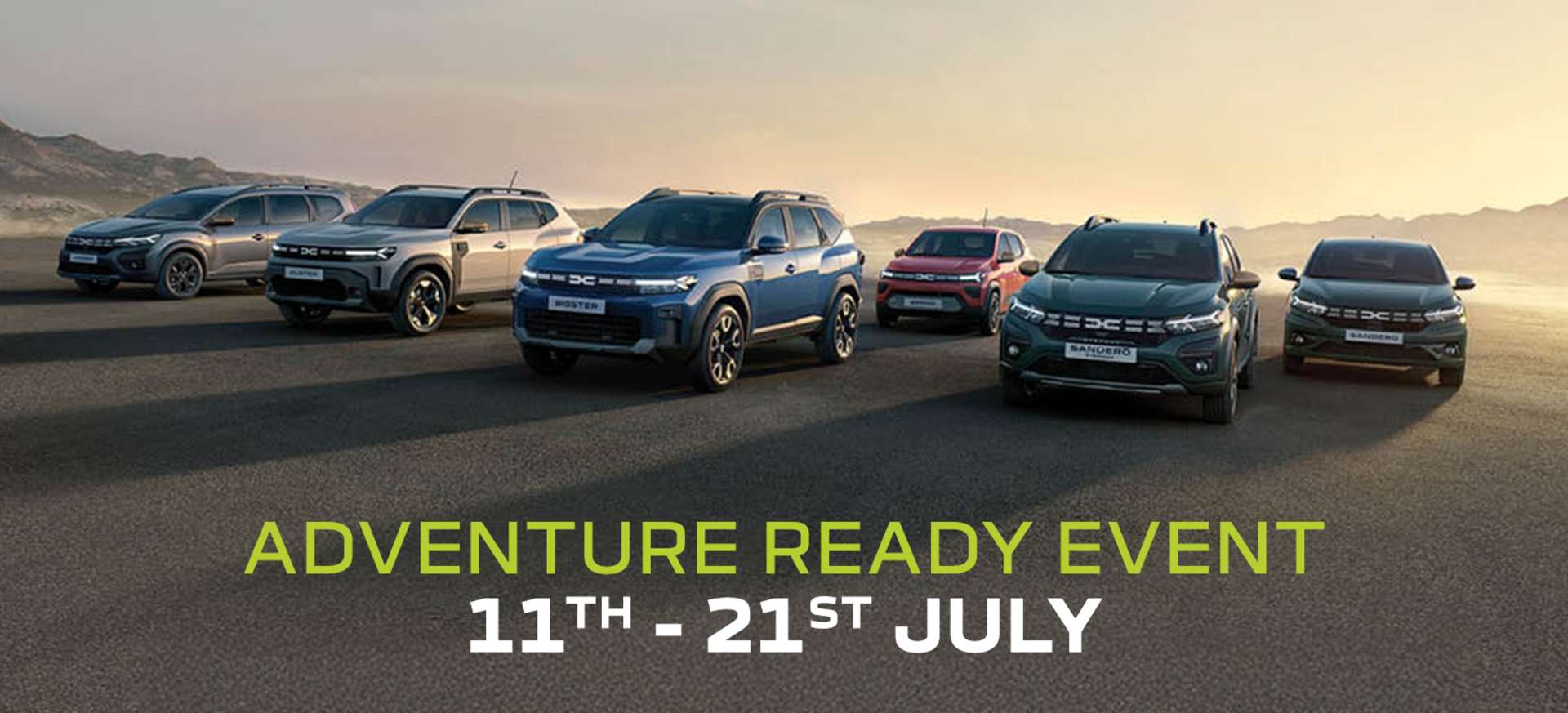 A line-up of Dacia vehicles on a scenic road, promoting the Adventure Ready Event, July 2025.