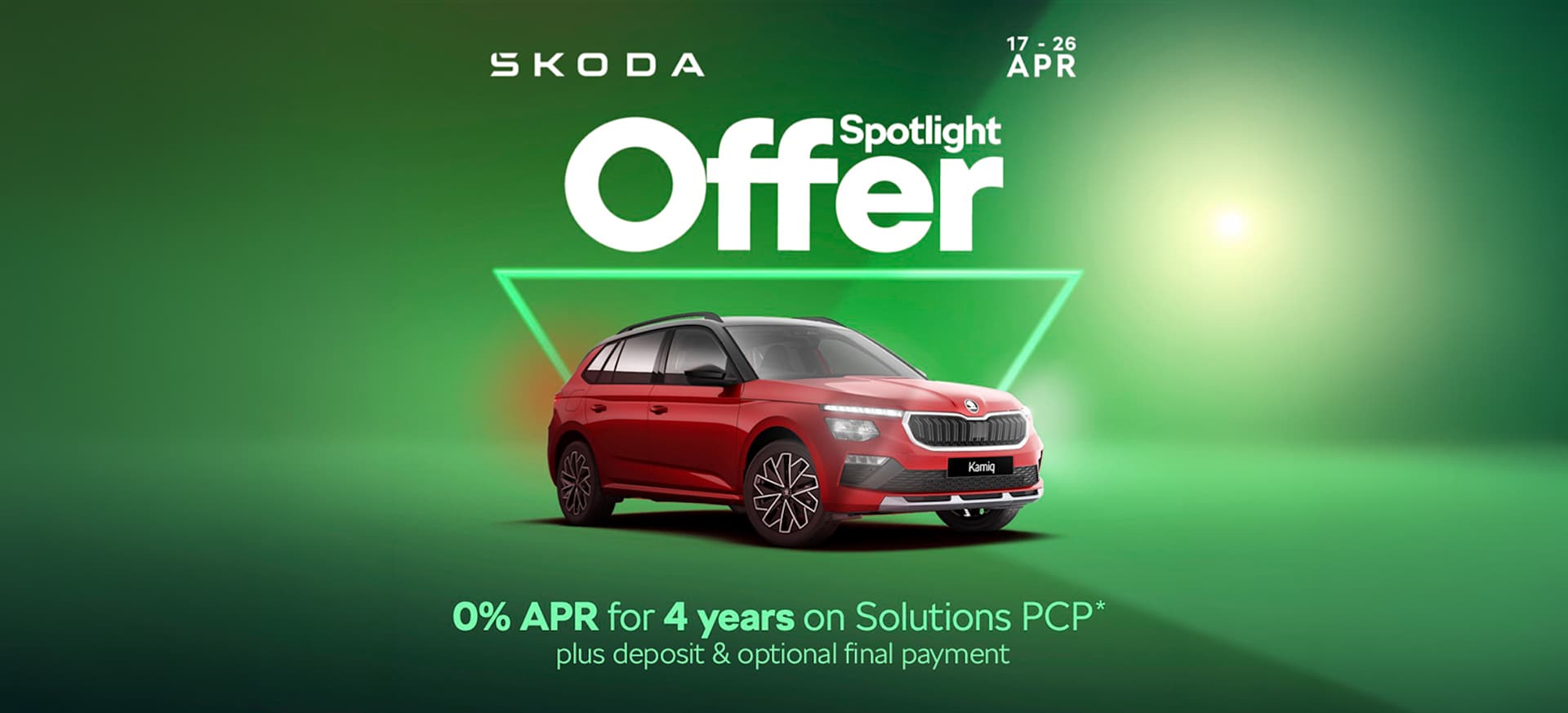 A red Skoda Kamiq car displayed against a green background with promotional text.