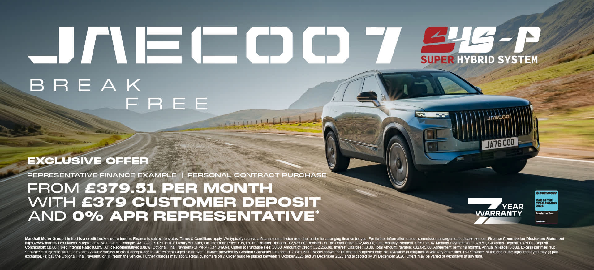 JAECOO 7 SHS-P LUXURY PERSONAL CONTRACT PURCHASE EXCLUSIVE OFFER