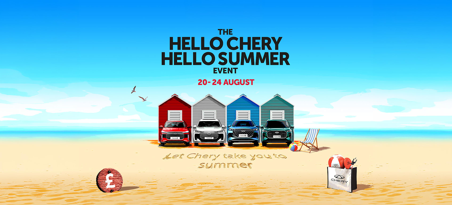 Chery models in front of colourful beach huts on a sandy beach with a summer event announcement.