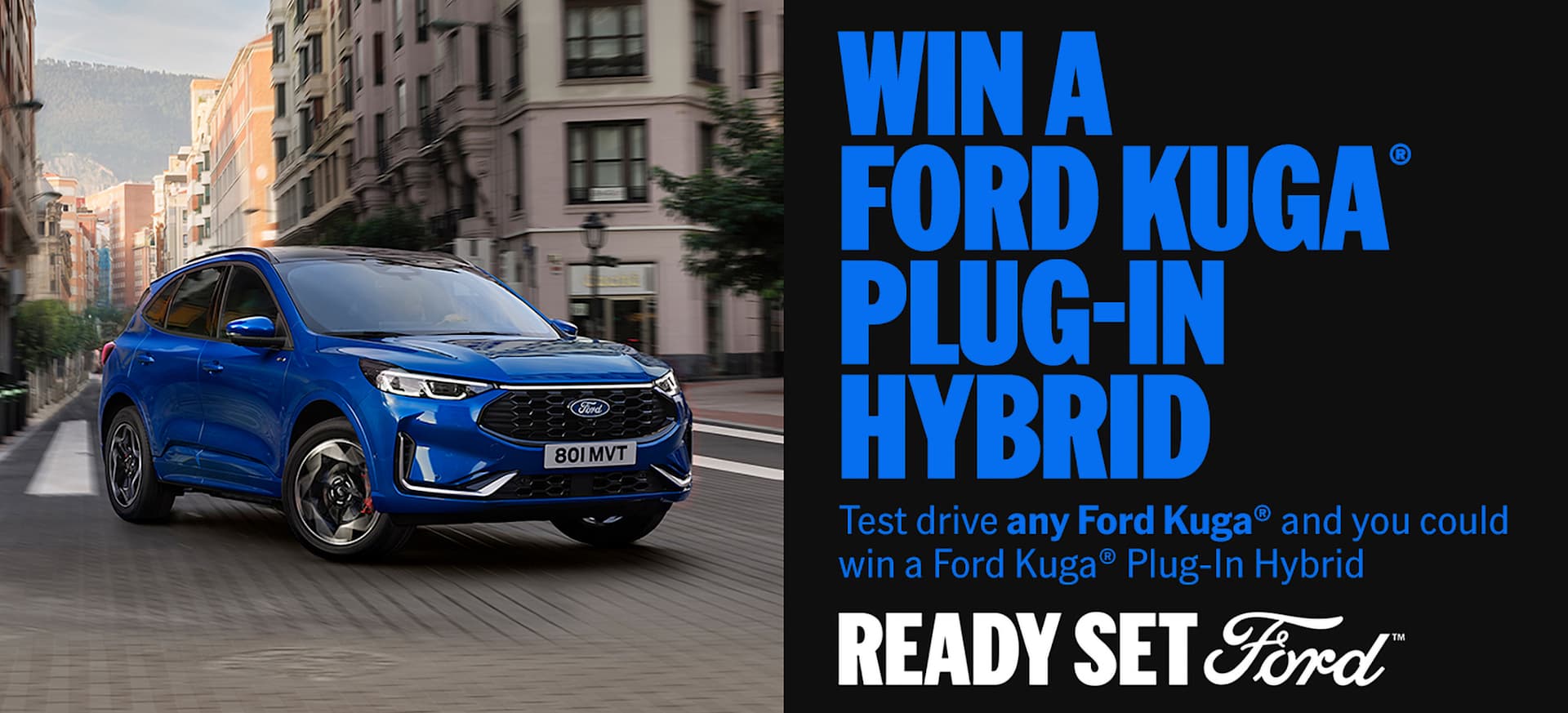 A blue Ford Kuga parked on a city street, with buildings and trees in the background.