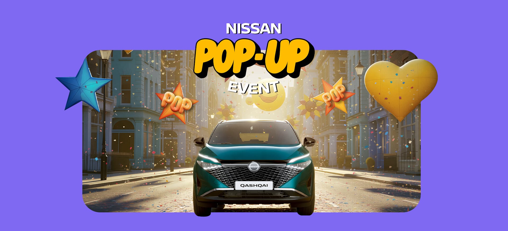 A Nissan Qashqai parked on a festive street with colourful stars and confetti in the background.