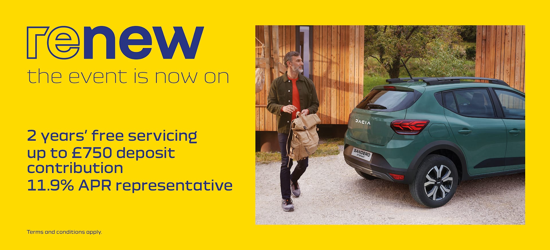 A Dacia car displayed within geometric shapes displaying Renew Event details.