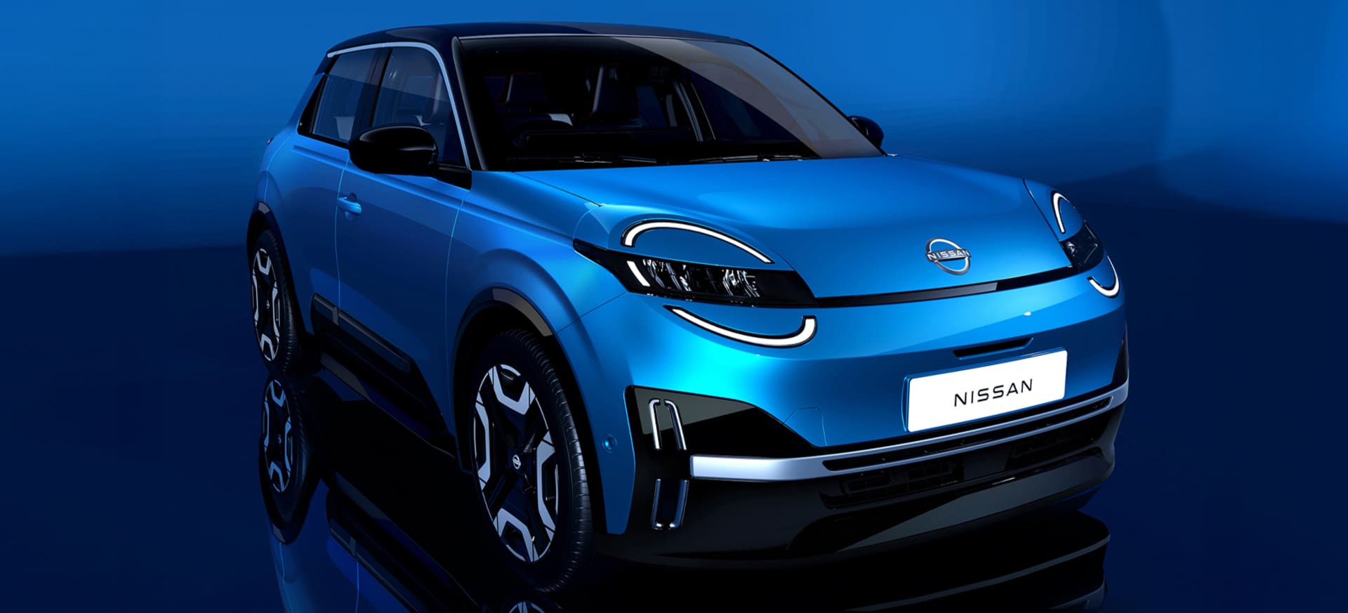A sleek blue electric All-New Nissan Micra displayed against a blue background, showcasing modern design features.