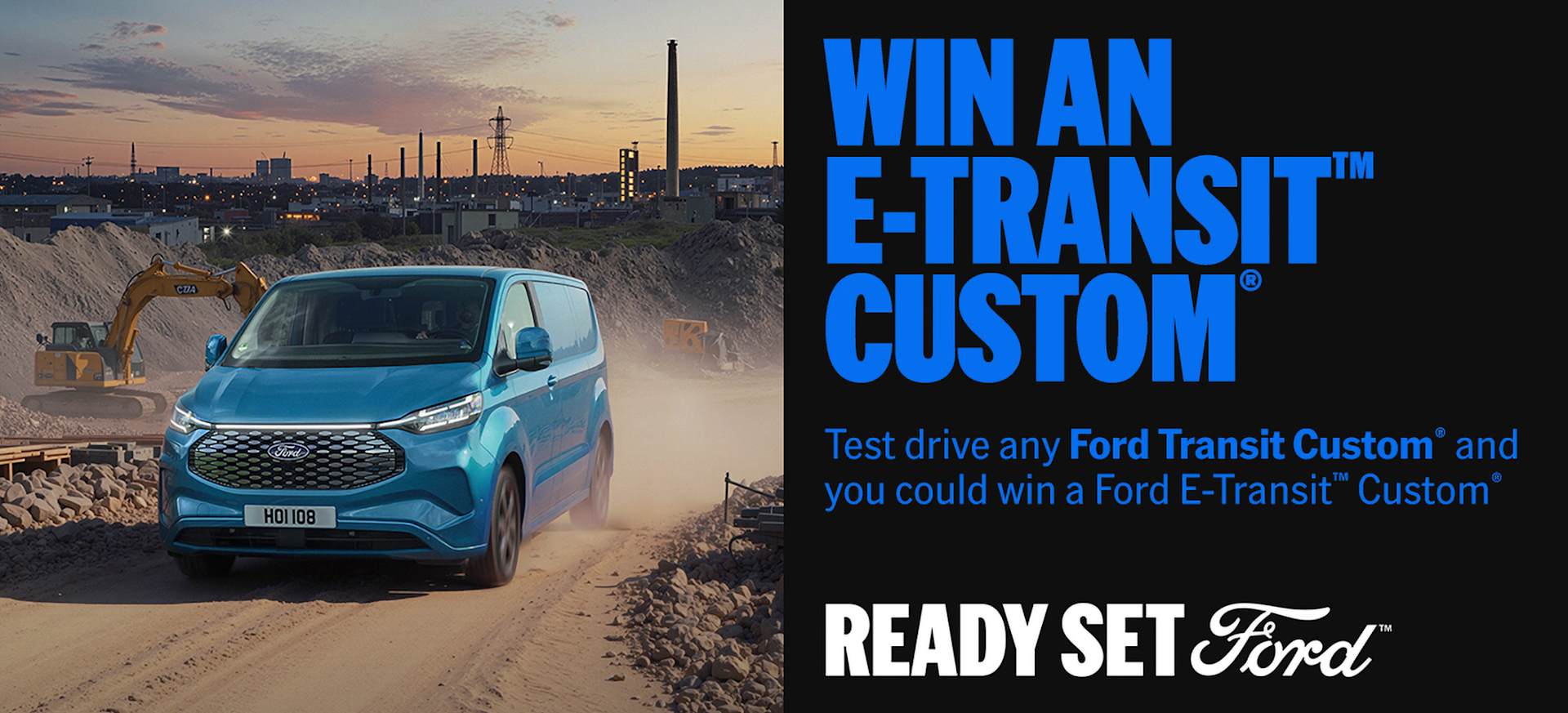 A blue Ford Transit Custom van driving on a construction site with machinery in the background.