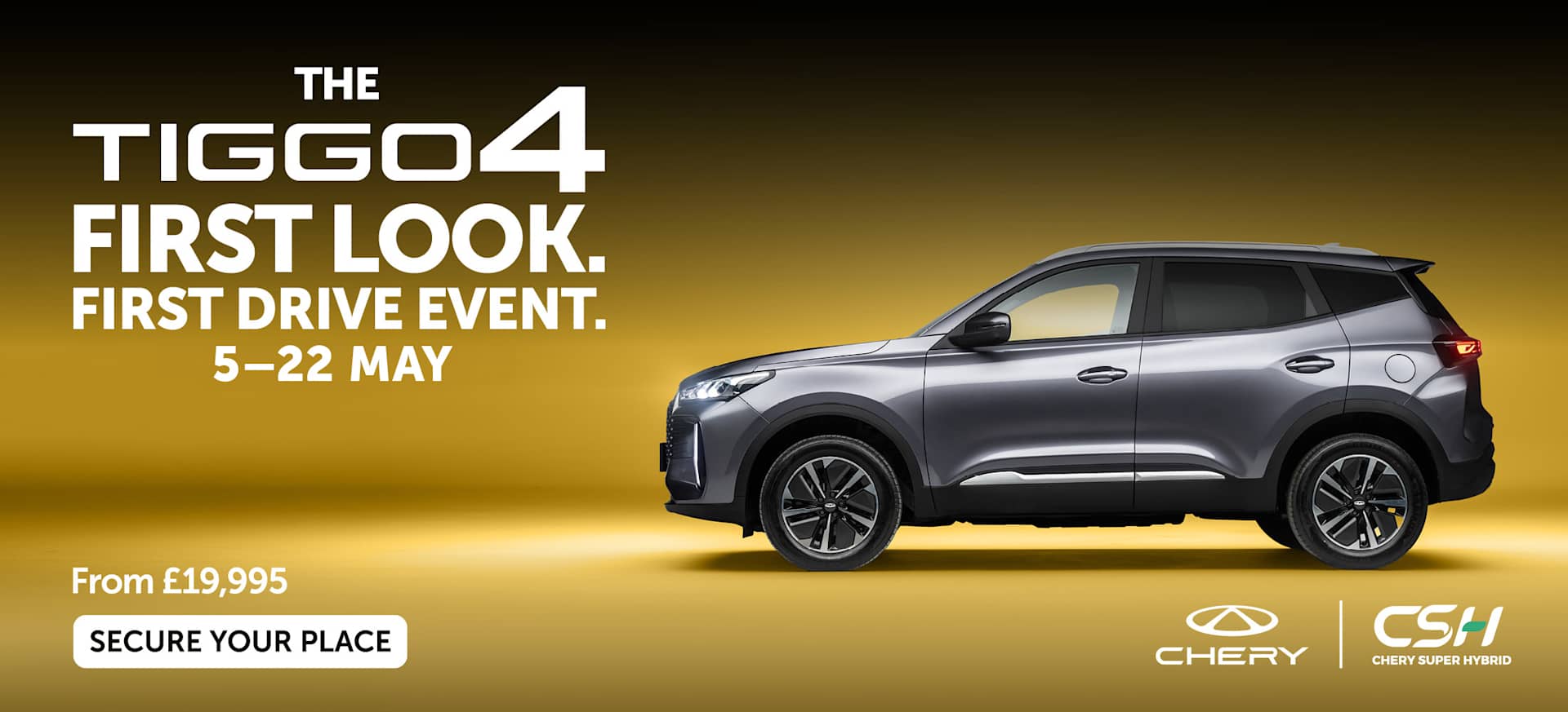 A grey Chery TIGGO 4 displayed against a golden background, promoting the Tiggo 4 first drive event.