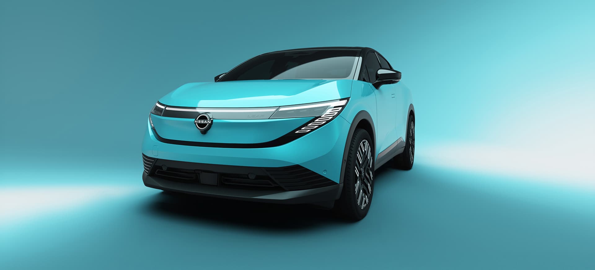 The All-New Nissan LEAF all electric car with sleek design and distinctive features against a light blue background.