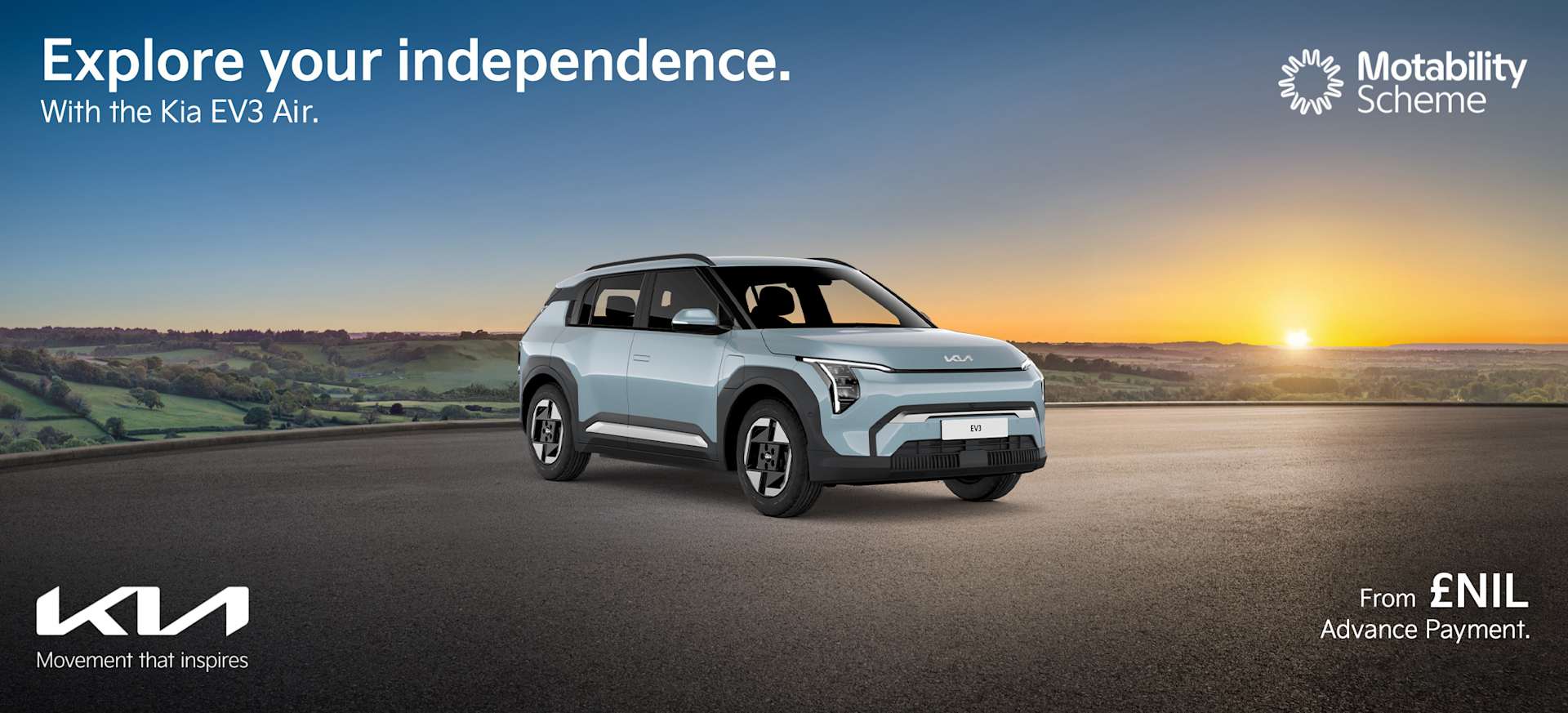 A Kia EV3 Air electric vehicle parked on a scenic road at sunset, with hills in the background.