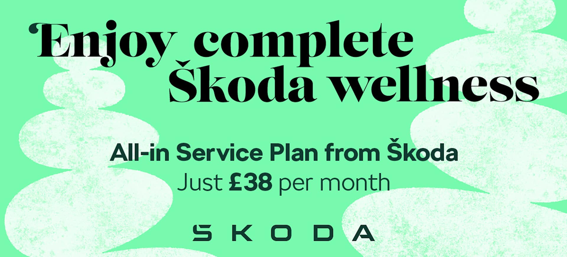 Promotional graphic for Škoda's all-in service plan, highlighting wellness and pricing details.