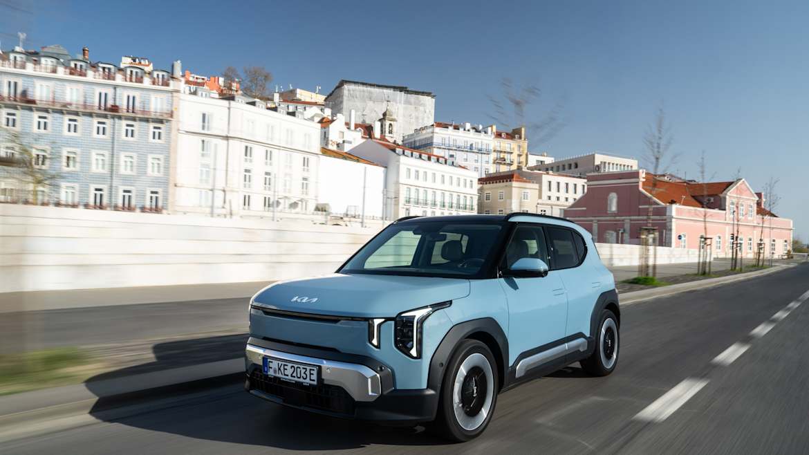 Front view of the new Kia EV2 electric SUV showing Star Map lighting