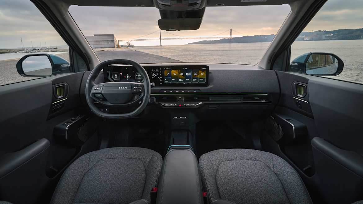 Interior view of the Kia EV2 highlighting the panoramic triple-screen display
