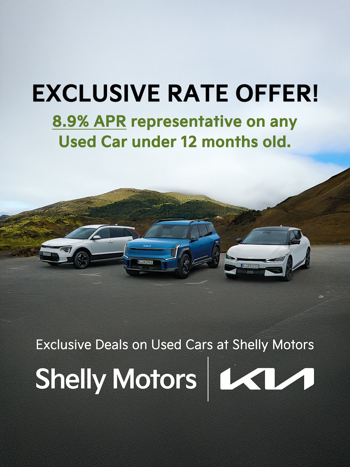 Exclusive rates of 8.9% at Shelly Motors on vehicles under 12 months old