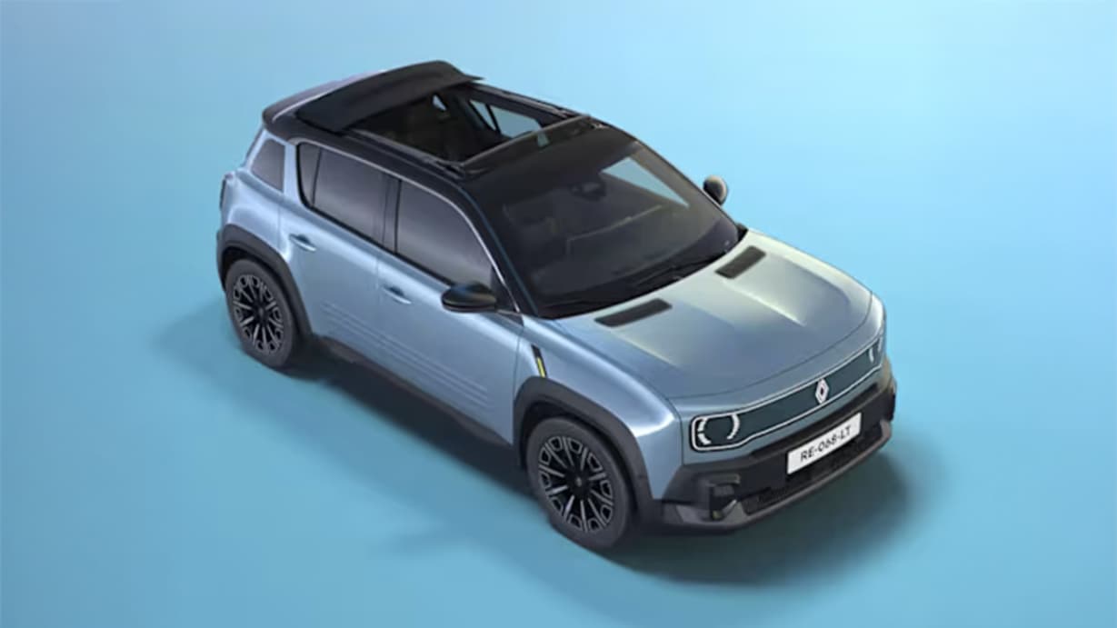 A modern compact Renault 4 with a convertible roof, shown from an elevated angle against a light background.