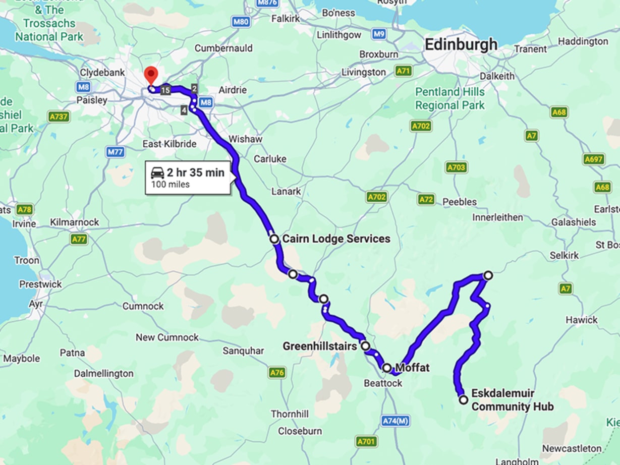 Map showing a route, highlighting key locations along the way.