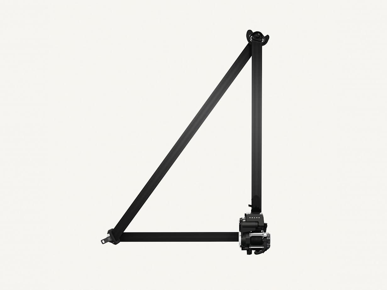 A black adjustable Volvo EX60 seatbelt, positioned in a triangular shape against a light background.