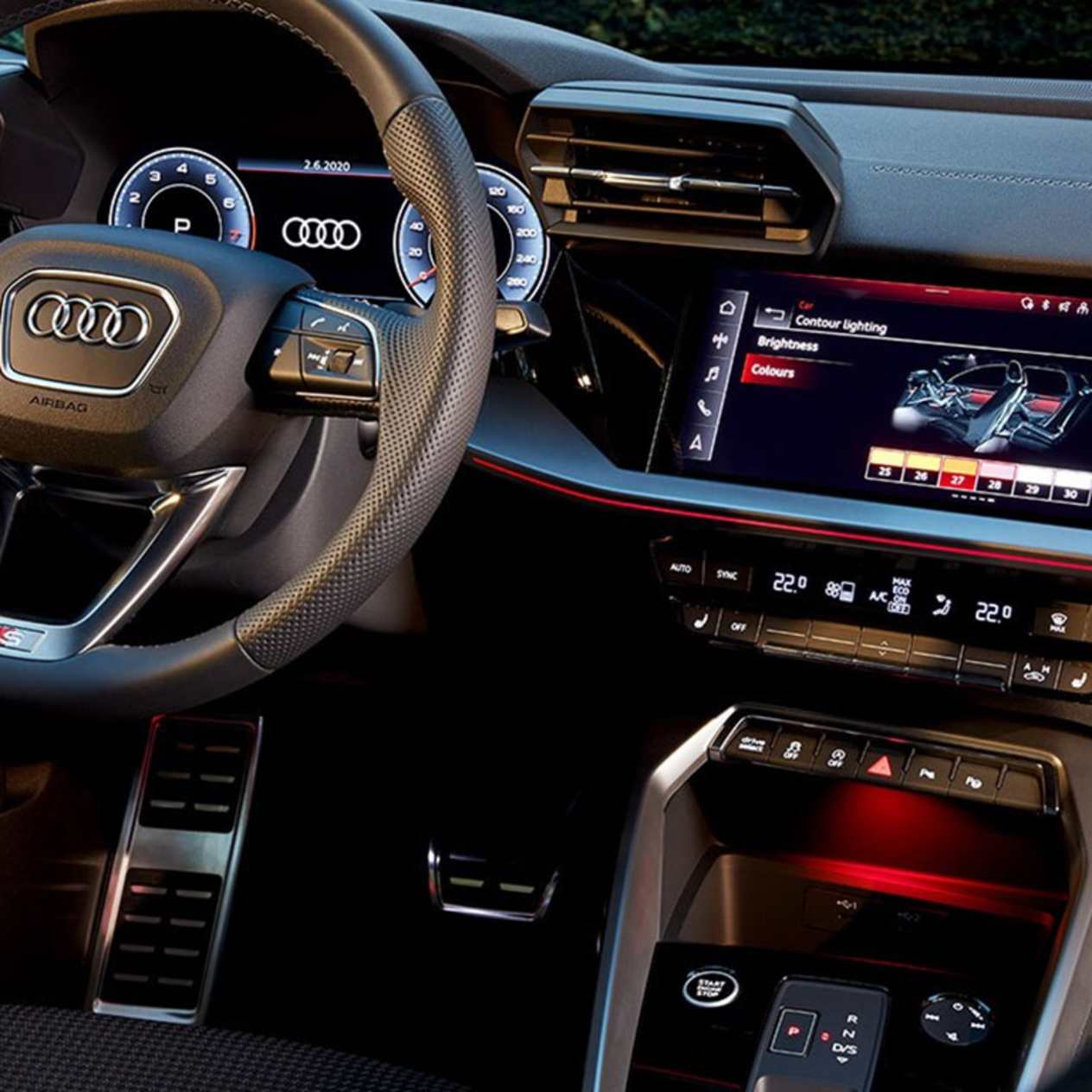 Clsoe up of steering wheel in Monsoon grey Audi A3