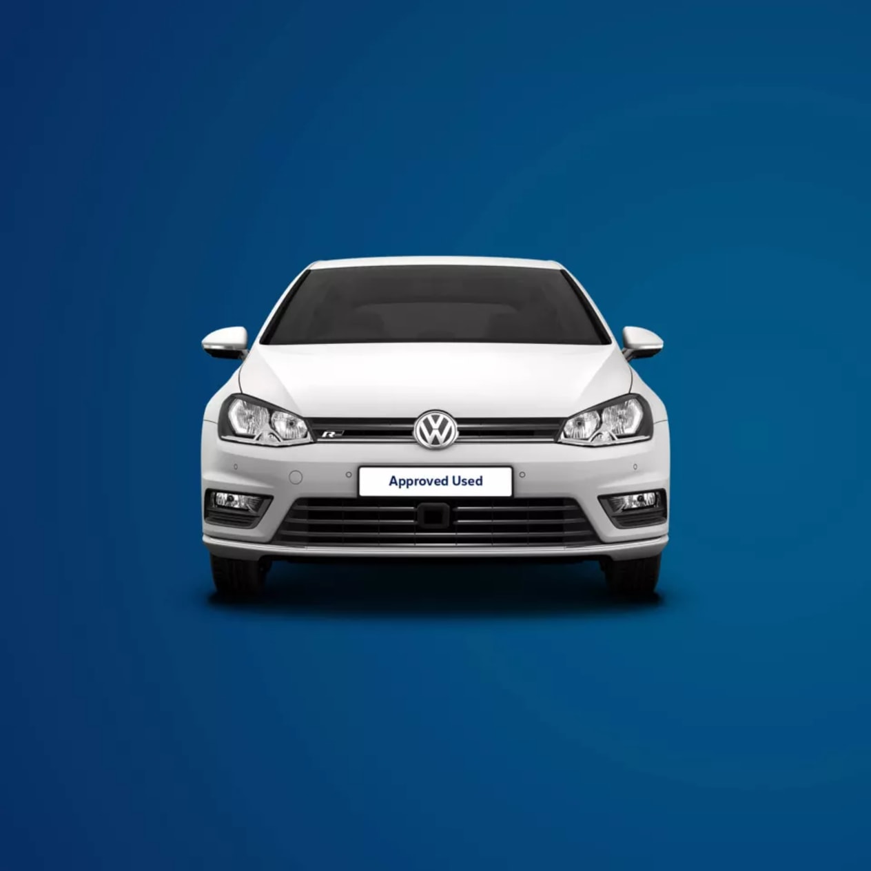 Volkswagen Golf front with approved used number plate on blue background.