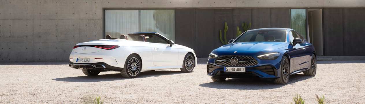 Mercedes CLE Coupé face avant et CLE Cabriolet trois quarts arrière