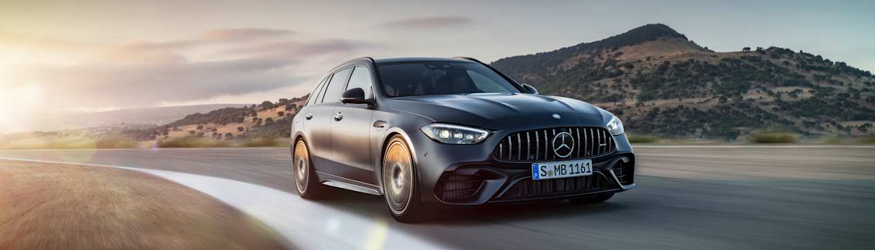 Mercedes-AMG C 63 SE break : trois quarts avant droit sur route