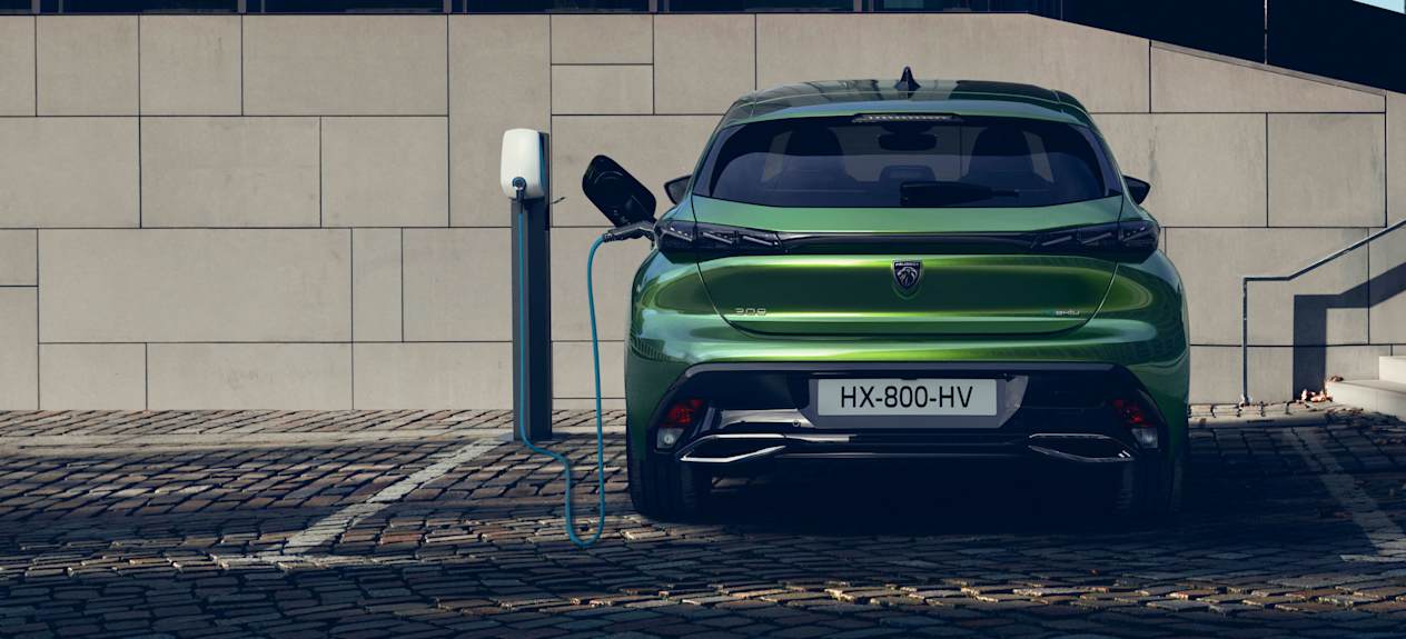Peugeot 308 2021 verte : face arrière statique en charge