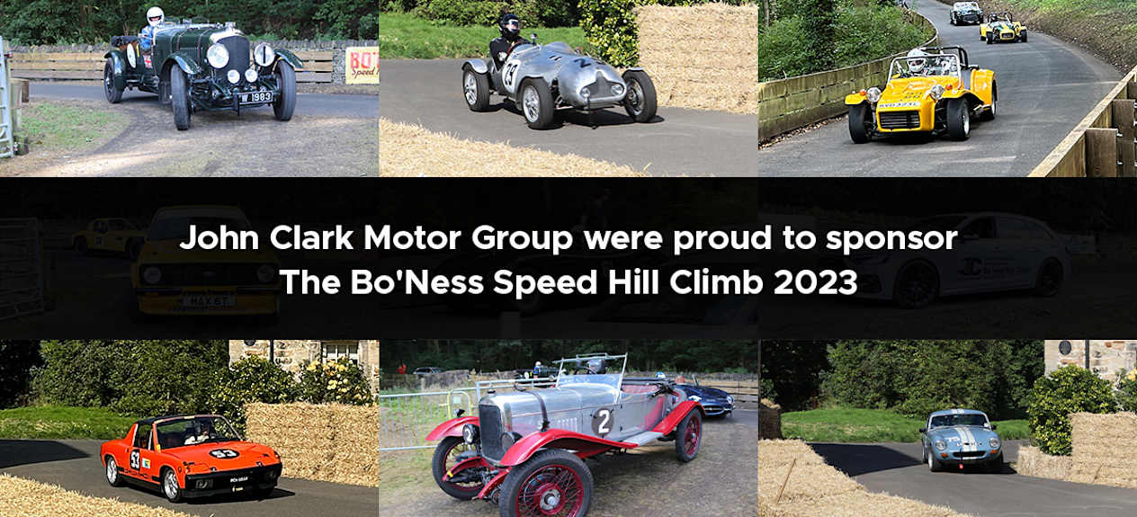 Six photos of classic cars with the text "John Clark Motor Group were proud to sponsor The Bo'ness Speed Hill Climb 2023"