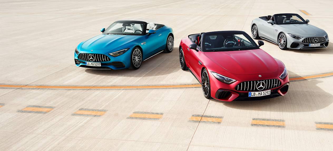SL Roadster i turkis, rød og grå