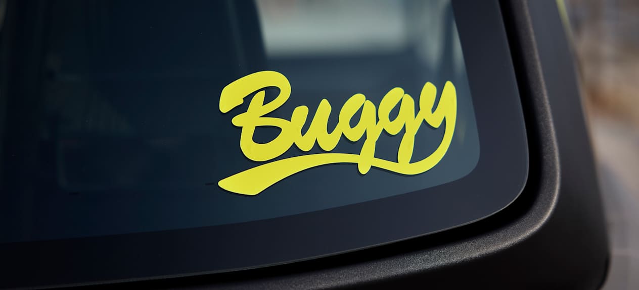 Citroën Ami Buggy Palmeira 2025 : détail sticker sur vitre arrière