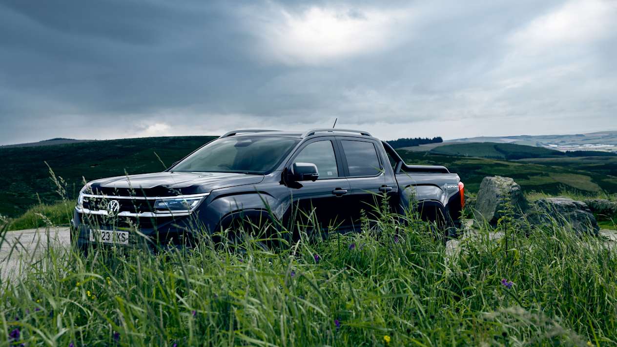 Black Volkswagen Amarok partially covered by long grass