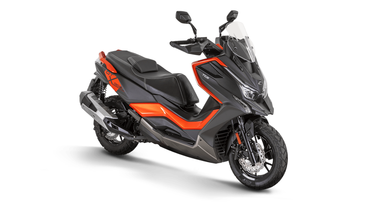 Kymco DTX 360 2024 Noir Orange : trois quarts avant