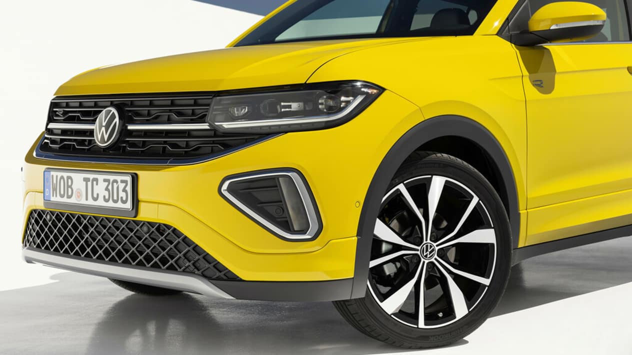Close up of the front quarter of a yellow New Volkswagen T-Cross
