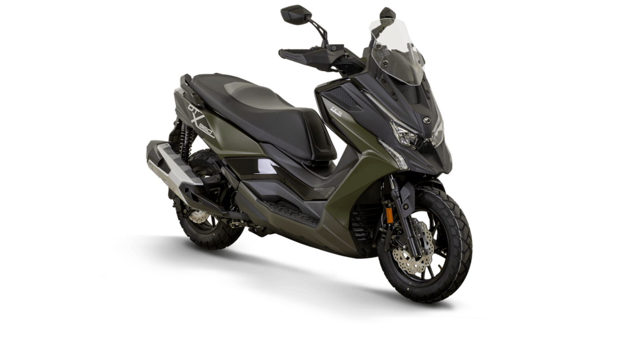Kymco DTX 360 2024 Noir Olive : trois quarts avant