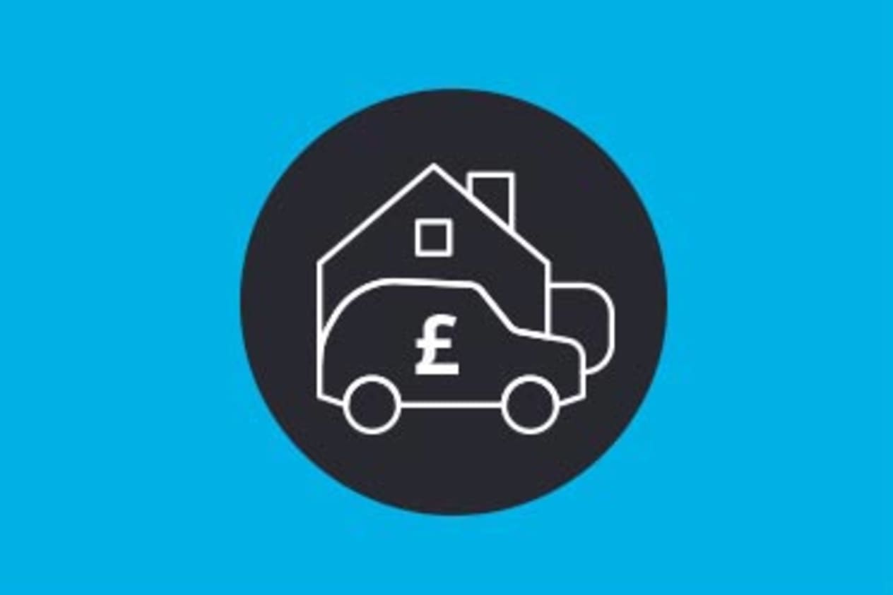 Blue and black illustration of car and house with £ sign