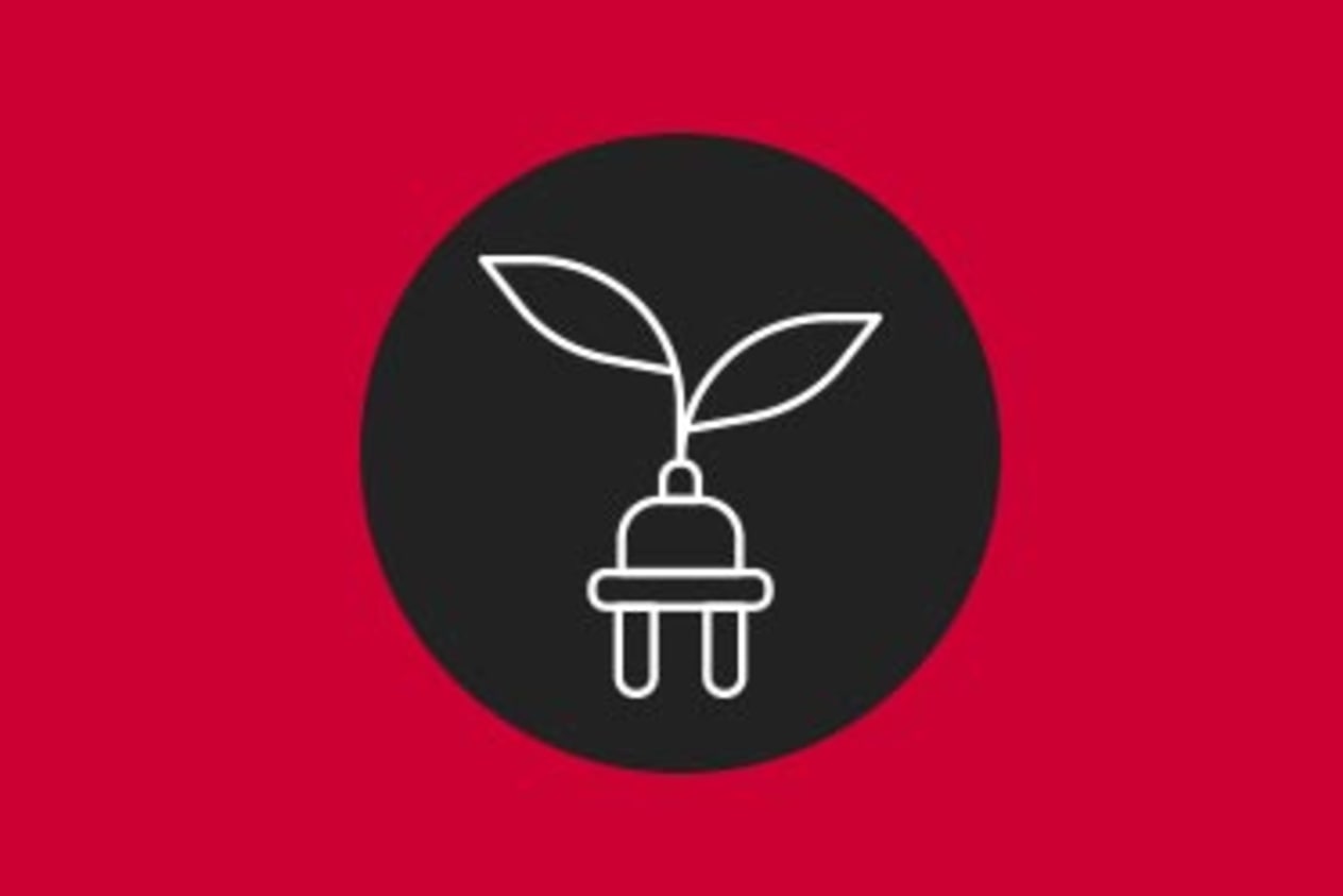 Black and red illustration of a plug attached to a leaf