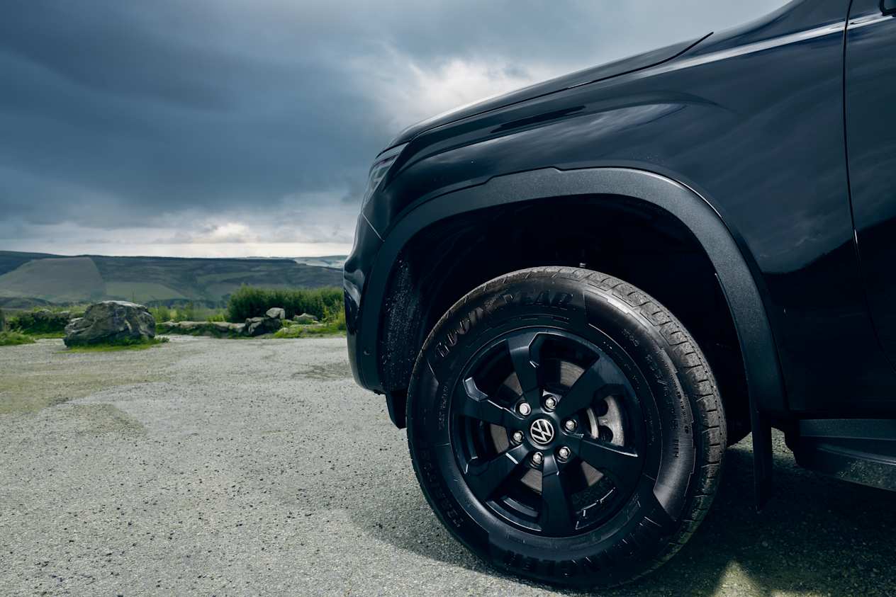 Close up of the black alloy wheels of the Volkswagen Amarok