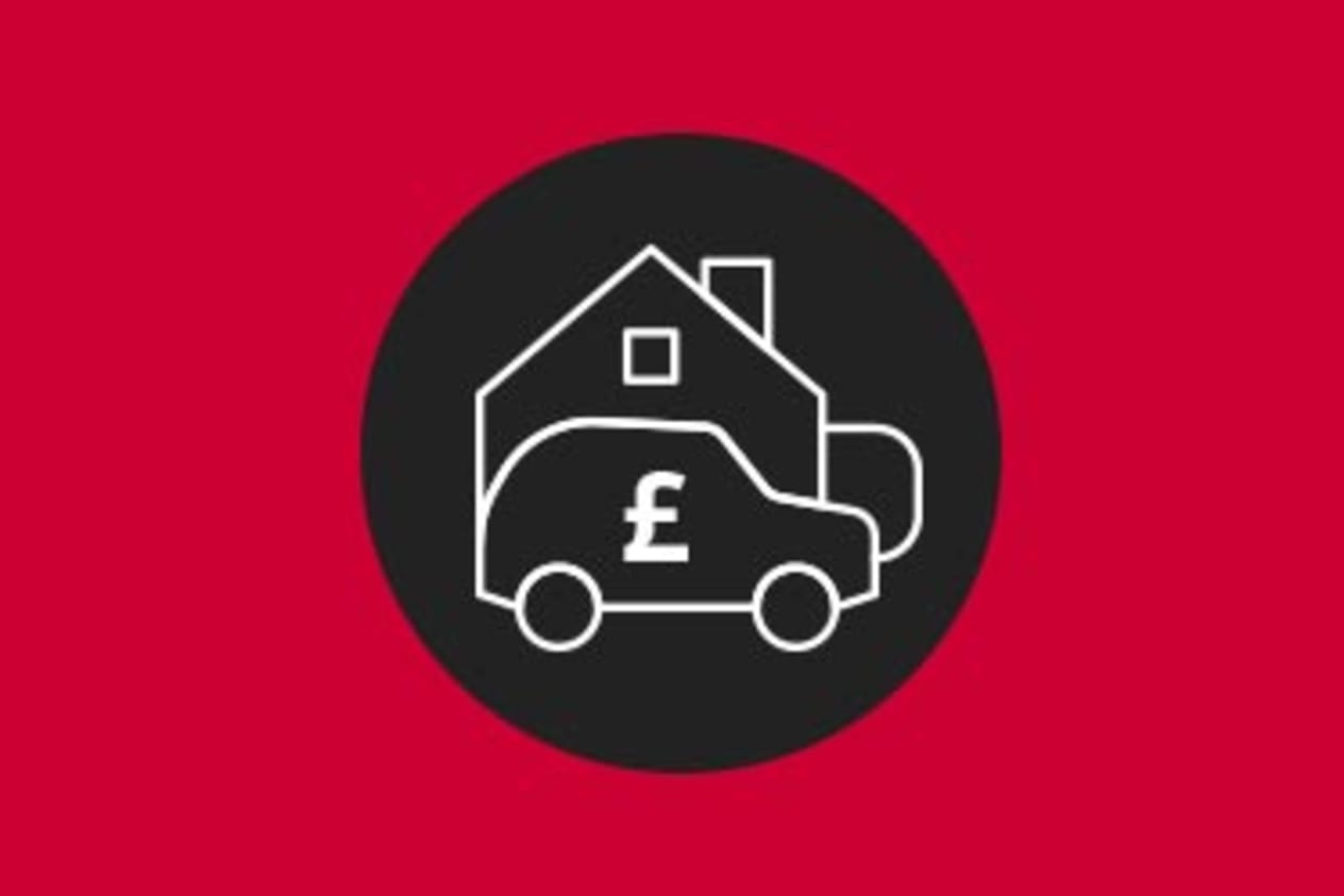 Black and red illustration of an house and car with £ sign