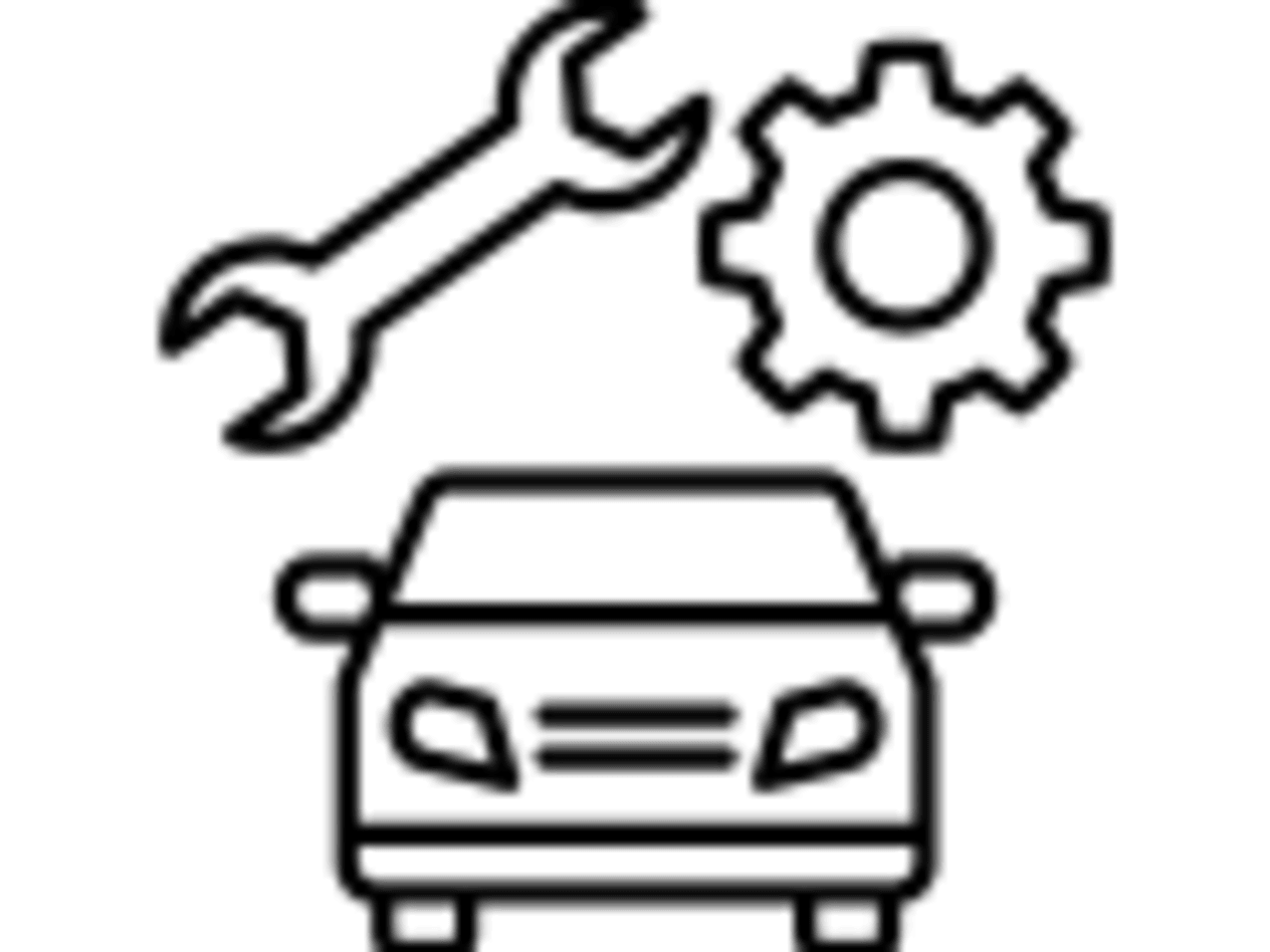 Black and white outlined icon of a car, with a spanner and cog above it.