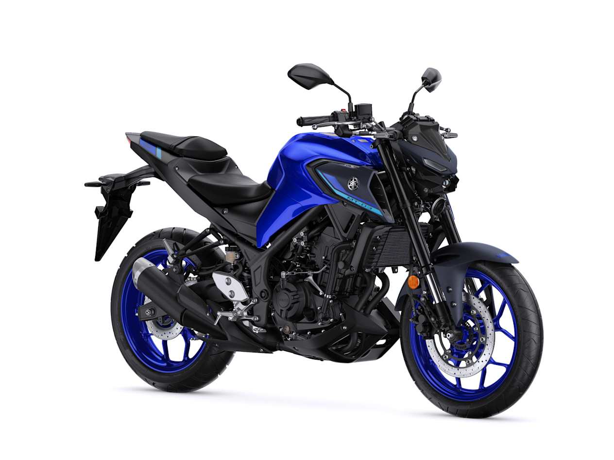 Yamaha MT-03 2023 Icon Blue : trois quarts avant