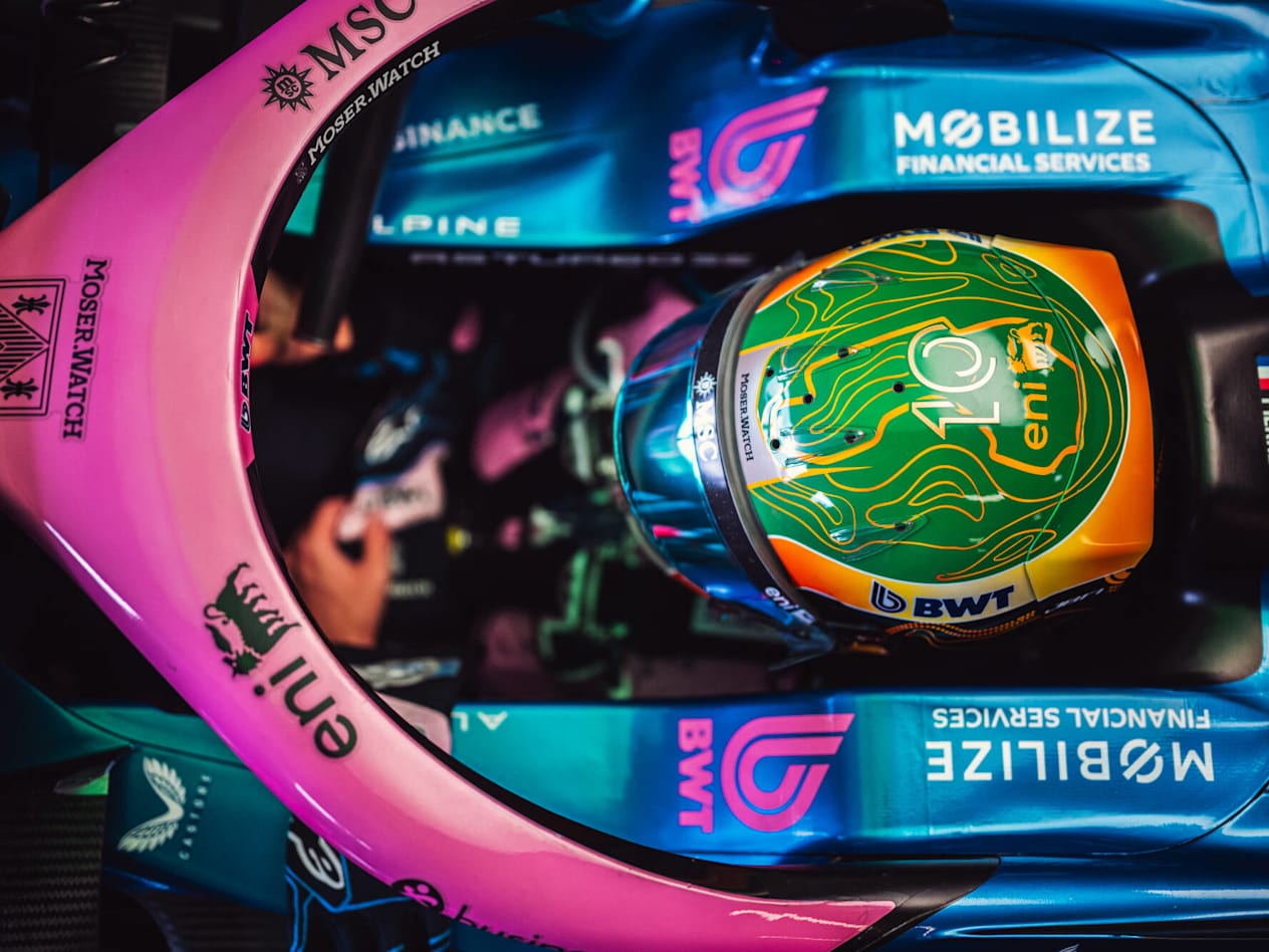 Looking down onto the helmet of one of the BWT Alpine F1 Drivers