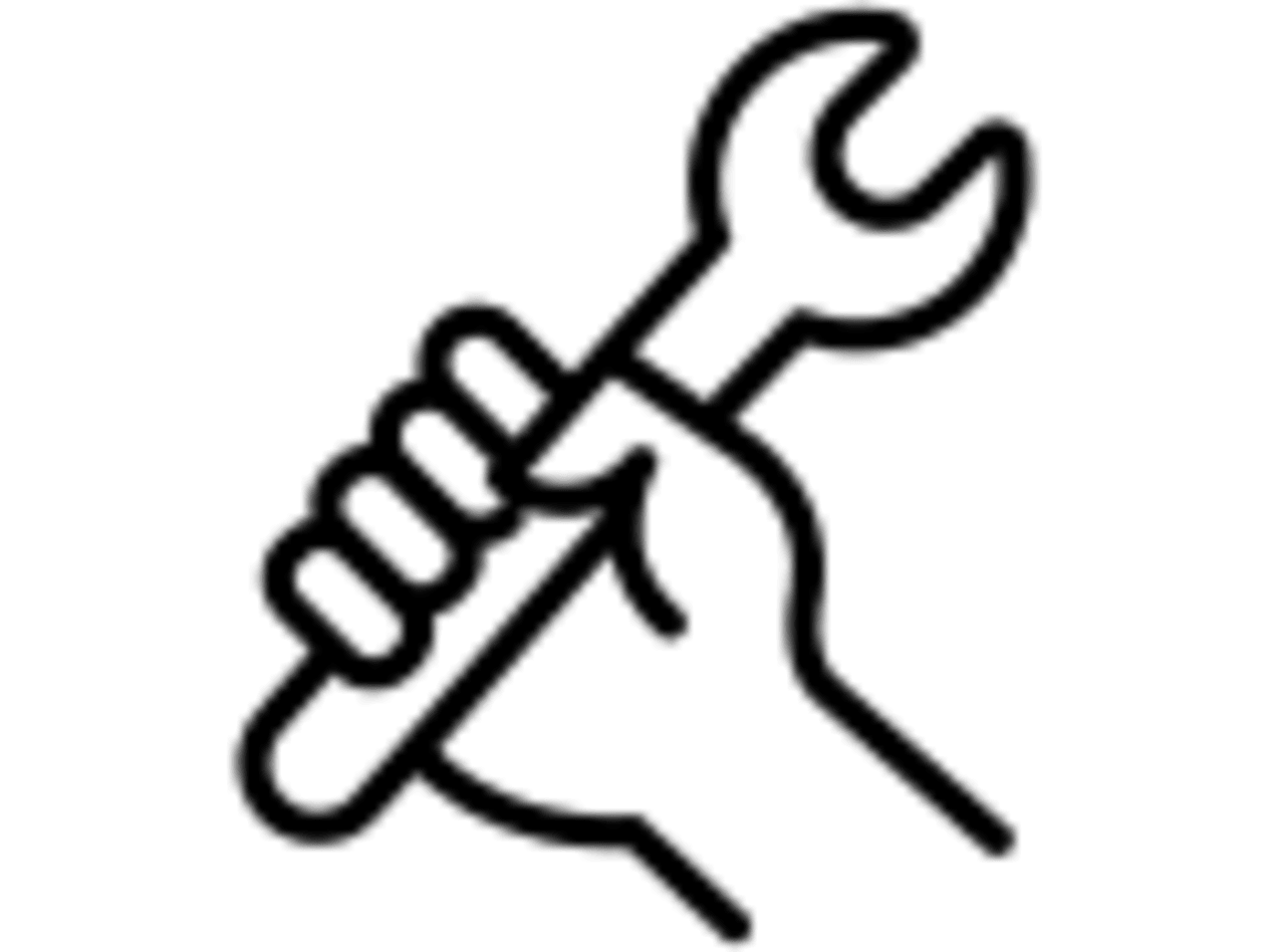 Black and white outlined icon of a hand holding a spanner.