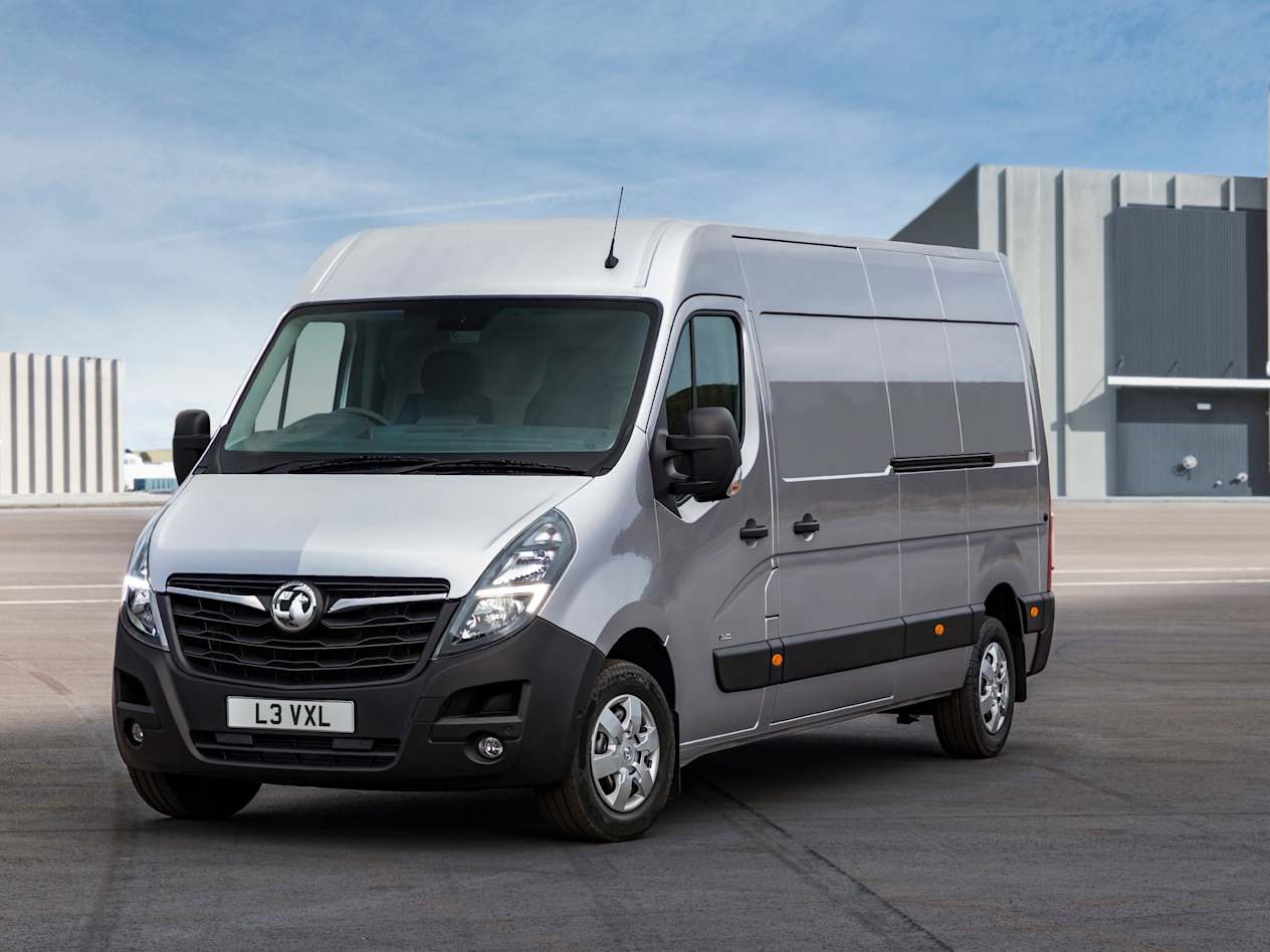 Front and side view of a silver Vauxhall Movano parked in an open space