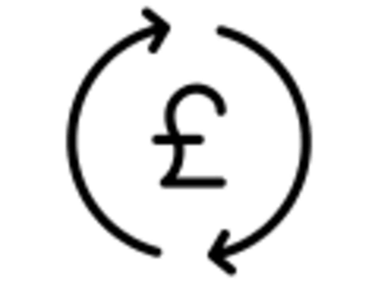 Black and white outlined icon with a pound sign inside of two arrows around it to represent Flexible Payment Servicing Cost
