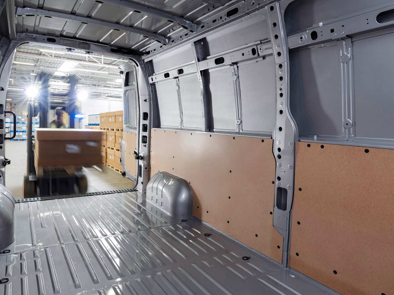 Looking out from inside the empty cargo space of the Vauxhall Movano