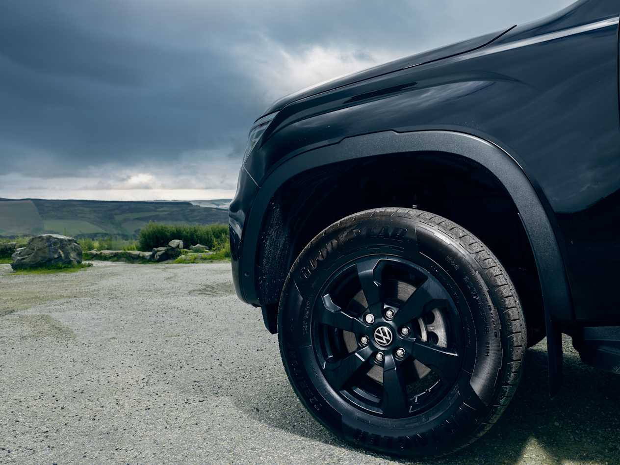 Close up of the black alloy wheels of the Volkswagen Amarok